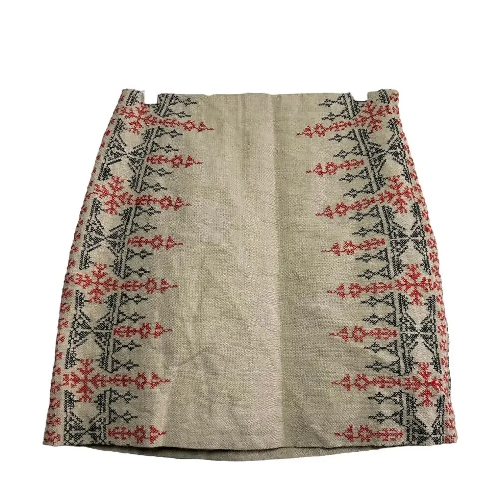 Ann Taylor Loft Pencil Skirt Linen Geometric Cross Stitch Pattern Lined Zip Tan - Picture 2 of 8